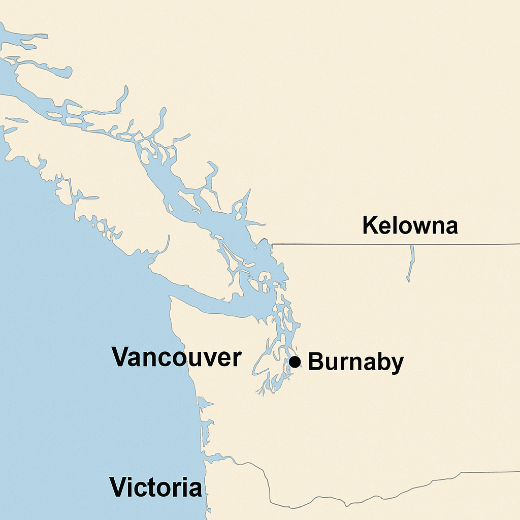 Simple map highlighting Vancouver, Victoria, Kelowna, and Burnaby—major cities in British Columbia with top colleges for international students.