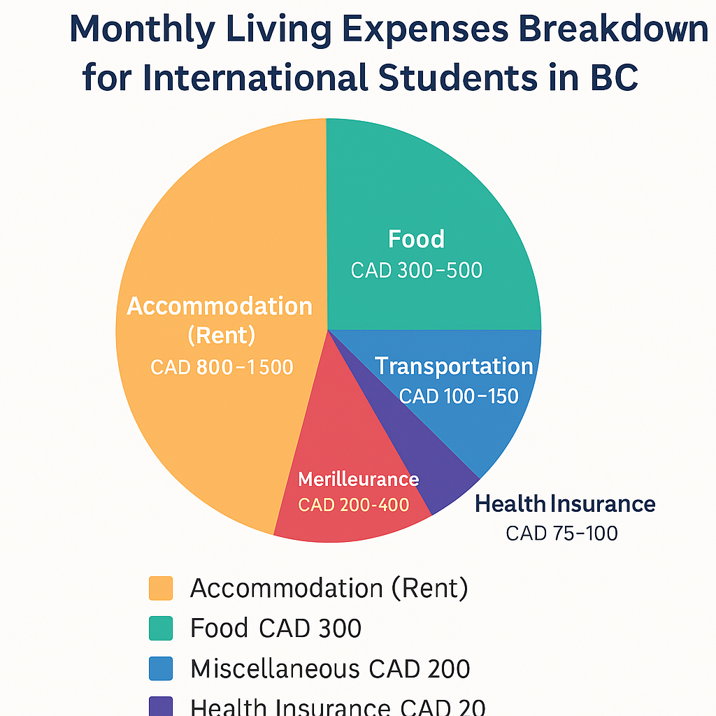 Pie chart infographic displaying monthly living expenses breakdown for international students in British Columbia, including rent, food, transportation, health insurance, and miscellaneous costs.